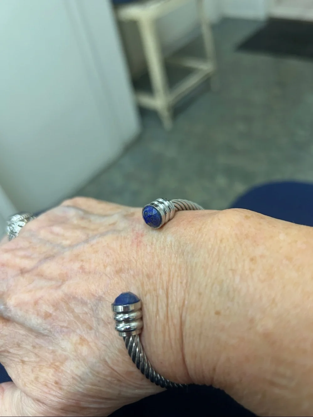 Stainless Silver tone, genuine, gemstone, Open Cuff Bracelet with Blue Lapis
